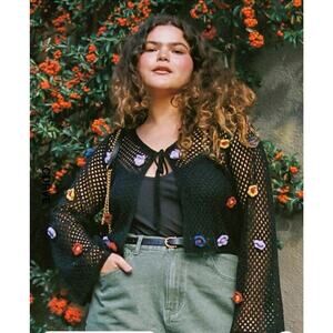 Cider Open Knit Cardigan 3XL Black Flower Crochet Fall Boho Witchy Hippie 70’s